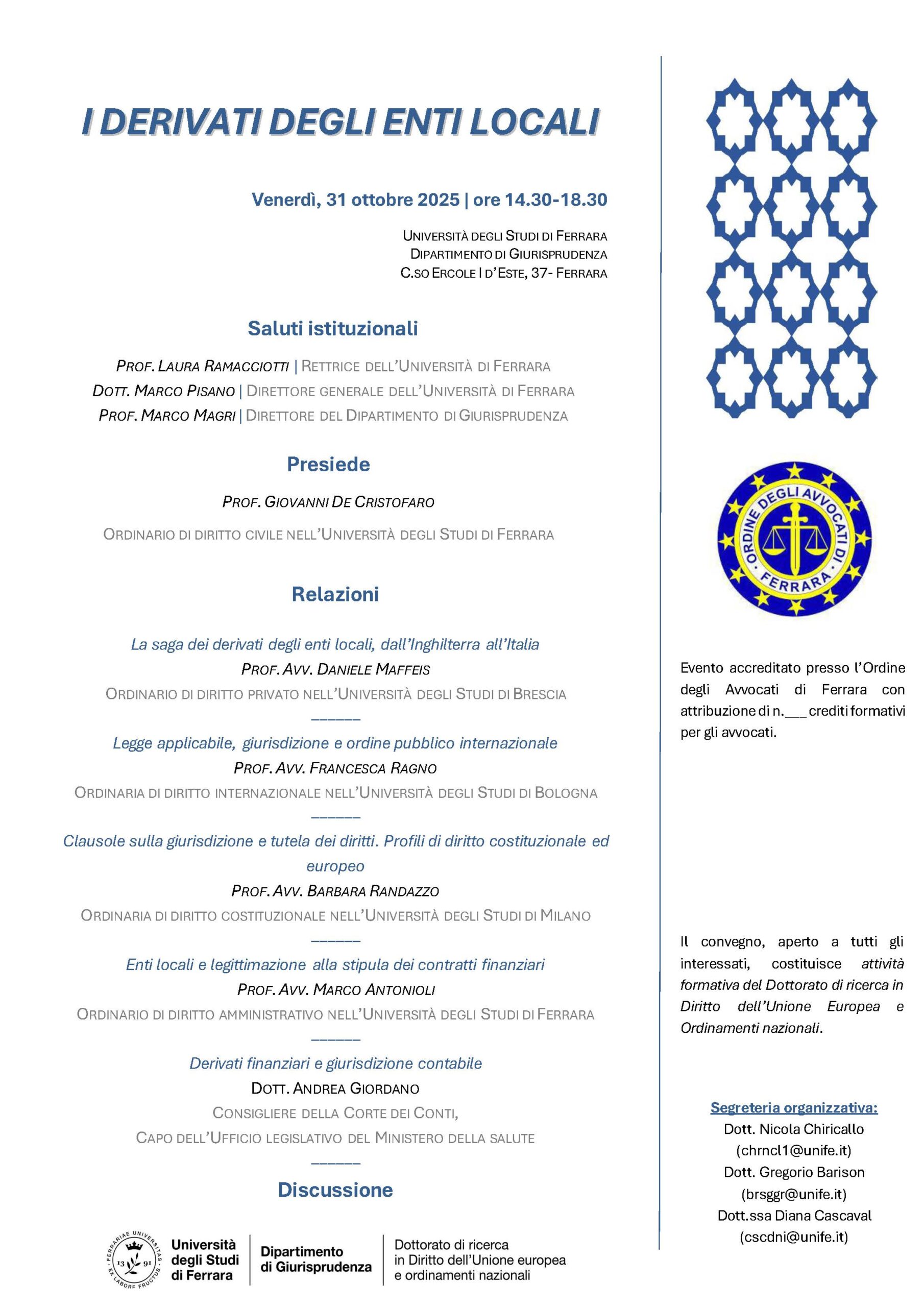 Locandina I deriviti degli enti locali - FERRARA 31 ottobre 2025